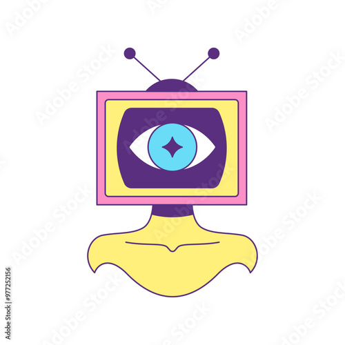 Y2k woman bust with tv set head contemporary pop art contoured icon vector flat illustration. Psychedelic female with multimedia television entertainment channel surreal funky poster t shirt print