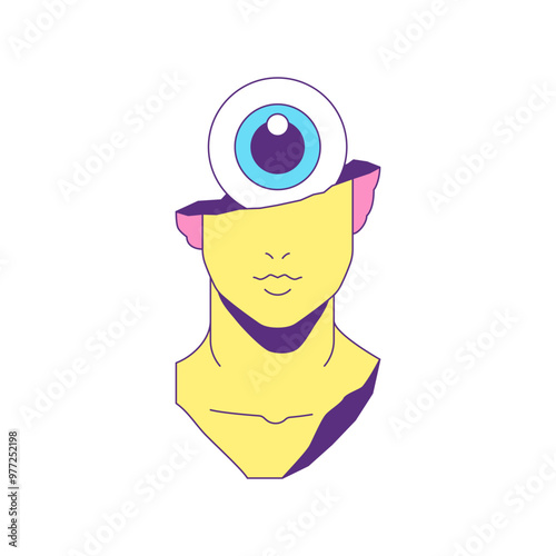 Y2k antique sculpture bust with eye in head contemporary pop art contoured icon vector flat illustration. Comic ancient Greek monument mindfulness psychology awareness summer groovy t shirt print