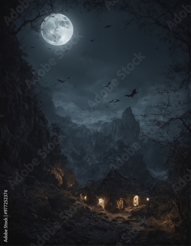 A haunting night scene with a glowing full moon, bats flying across a dark, moody sky, and eerie cliffs. Perfect as a Halloween-themed background for spooky and atmospheric designs.