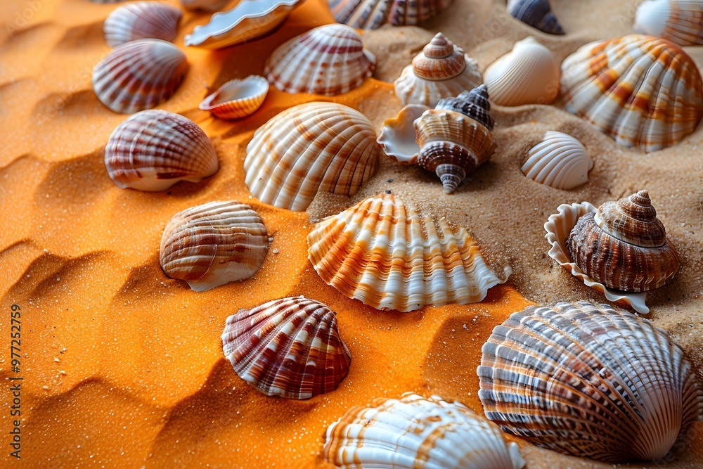 Seashell Collection on Vibrant Orange Sand Beach Decor, Coastal Theme, Summer Vacation Design for Posters and Cards Seashell Collection on Vibrant Orange Sand Beach Decor, Coastal Theme, Summer Vacation Design for Posters and Cards
