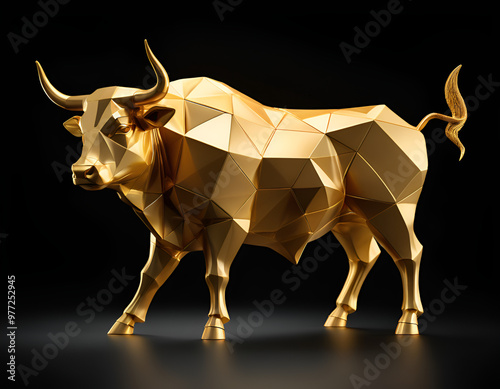 Golden Bull Statue on Black Background