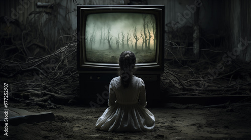 Mädchen in Kleid sitzt vor altem Fernseher in dystopischer dunkler Waldlandschaft. Konzept: Endzeit-Horror-Vorstellungen. Surreale Illustration photo