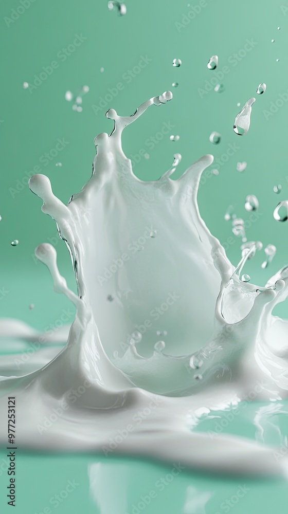 Milky splash with droplets flying in various directions on a serene mint green background showcasing elegance and purity in a smooth, artistic presentation Milky splash with droplets flying in various directions on a serene mint green background showcasing elegance and purity in a smooth, artistic presentation