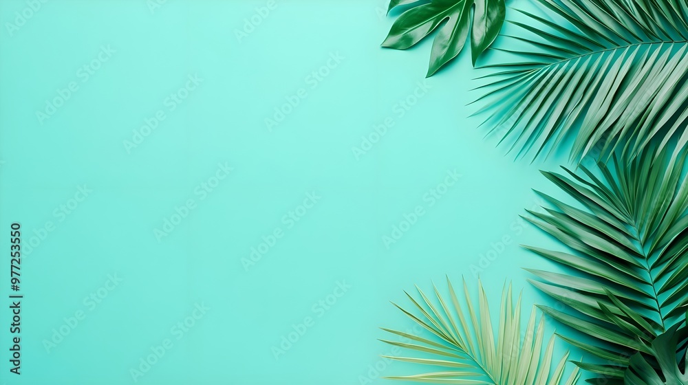 Vibrant tropical leaves on a teal background, perfect for nature-themed projects and designs, adding a fresh touch to any layout. Vibrant tropical leaves on a teal background, perfect for nature-themed projects and designs, adding a fresh touch to any layout.