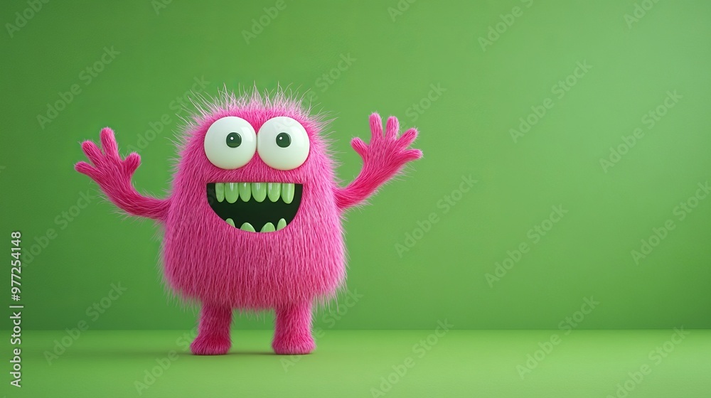 Pink furry 3d monster character waving on green background Pink furry 3d monster character waving on green background