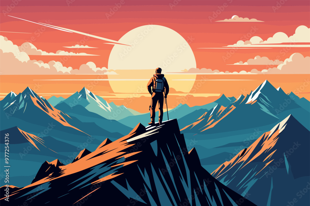 Adventurous Hiker on Mountain Peak at Vibrant Sunset