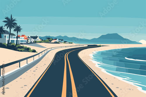 Scenic Coastal Road Along a Serene Beachfront