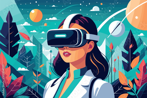 Woman Exploring Futuristic Landscape with Virtual Reality