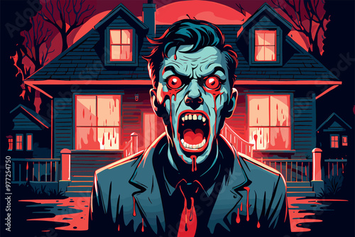 Horrifying Zombie in Front of a Haunted House at Night