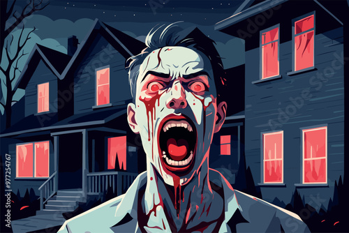 Horrifying Zombie in Front of a Haunted House at Night