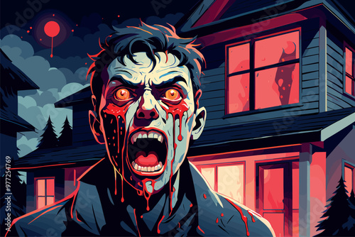 Horrifying Zombie in Front of a Haunted House at Night