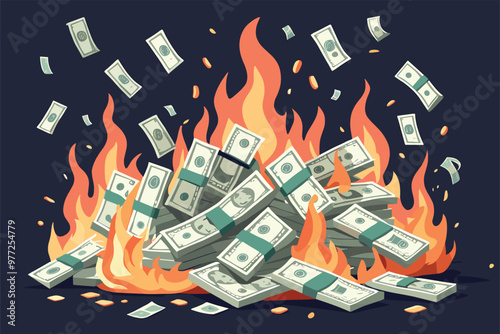 Burning Pile of Money with Flames and Flying Banknotes