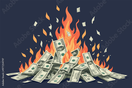 Burning Pile of Money with Flames and Flying Banknotes