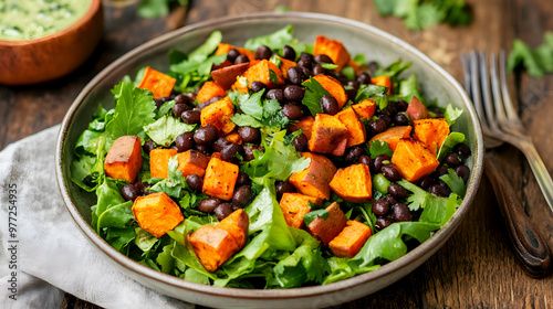 salad featuring roasted sweet potatoes, black beans, and a zesty lime