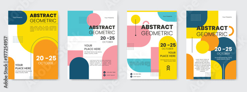  Flyer Design Abstract Geometric Set  With Yellow, dan Pink Color