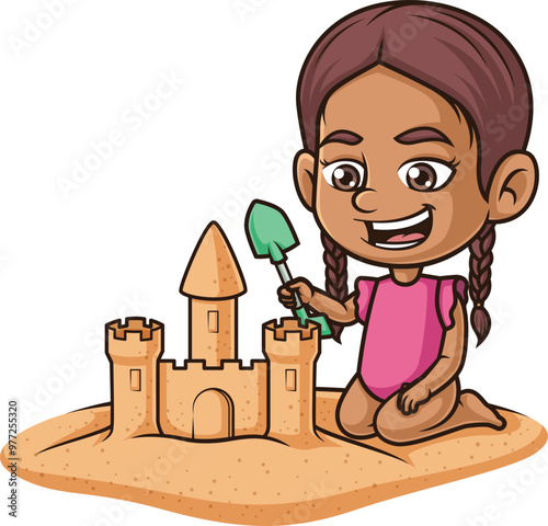 Cartoon hispanic girl building sandcastle vector illustration