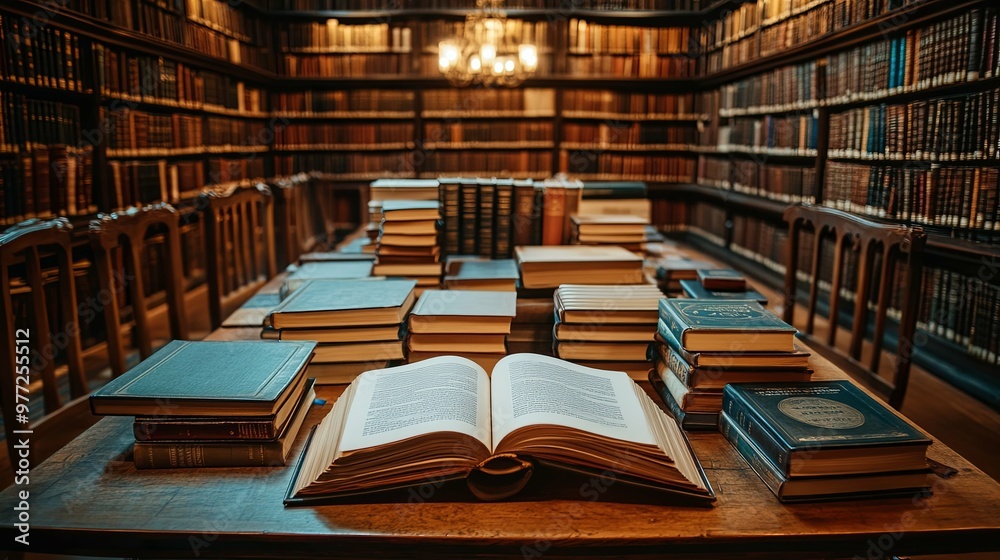 An Open Book in a Library with Stacks of Books and Wooden Chairs An Open Book in a Library with Stacks of Books and Wooden Chairs