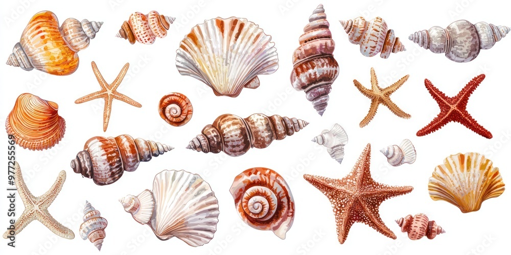 A collection of seashells and starfish in watercolor style on a white background, neatly arranged on the right side of the page. The seashells come in various shapes, such as clams, conchs, oysters, A collection of seashells and starfish in watercolor style on a white background, neatly arranged on the right side of the page. The seashells come in various shapes, such as clams, conchs, oysters,