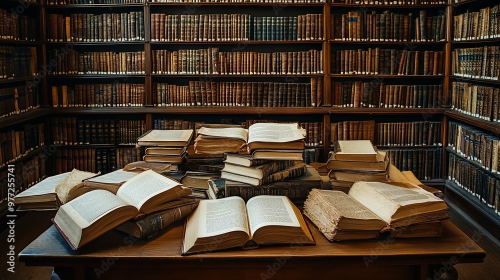 Fototapeta premium Open Books on a Table in a Library with Bookshelves Full of Books