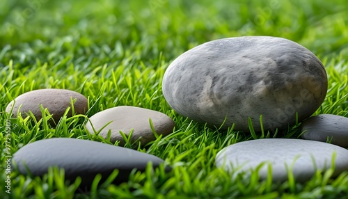 Lush green grass surrounding a solitary stone in an isolated setting photo