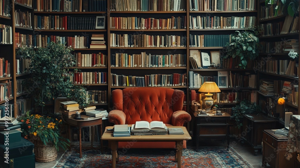 Cozy Reading Nook Surrounded by Bookshelves Cozy Reading Nook Surrounded by Bookshelves