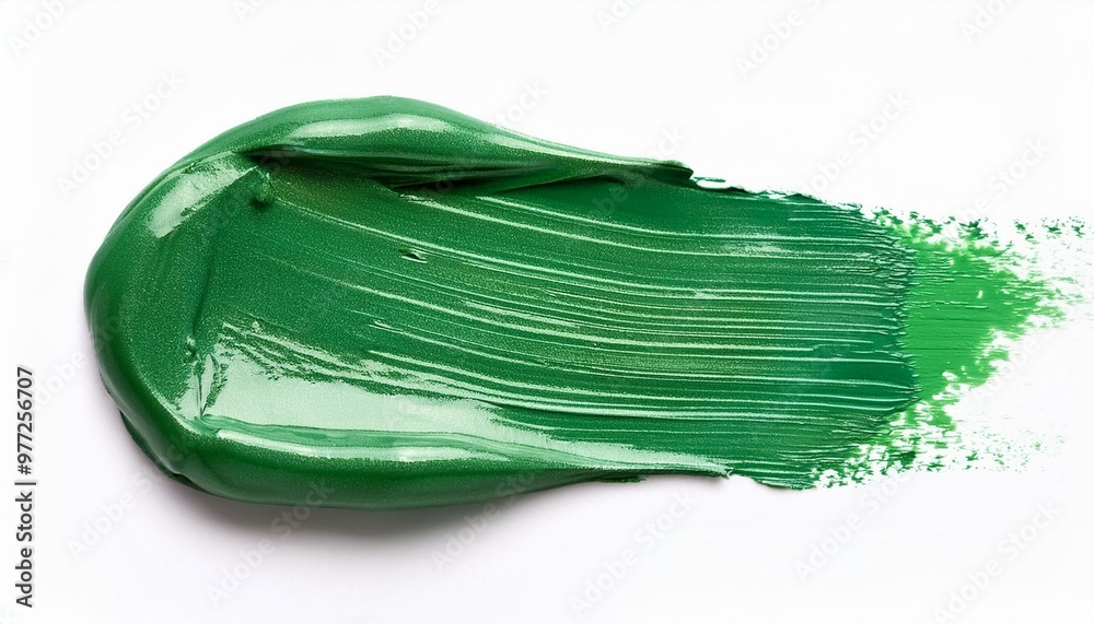 Green paint brush stroke isolated on white background, smudged makeup products. Green paint brush stroke isolated on white background, smudged makeup products.