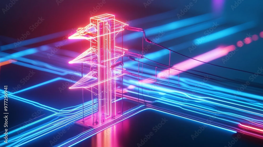 Naklejka premium AI-enhanced smart grid management, digital power distribution, neon data flows