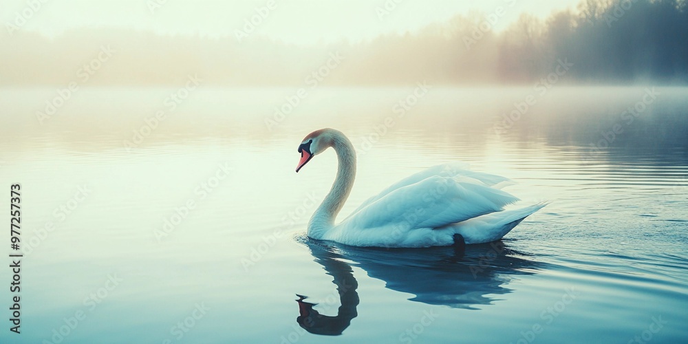 Fototapeta premium A serene photo of a swan gracefully swimming on a lake, its head and neck forming a perfect S-shape, symbolizing elegance. 