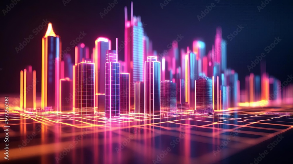AI-enhanced urban planning, 3D city modeling, neon grid patterns, tech-forward display AI-enhanced urban planning, 3D city modeling, neon grid patterns, tech-forward display