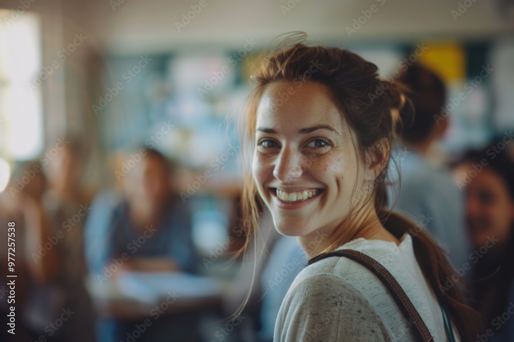 A woman with a warm smile stands among a group of people, perfect for depicting friendship, social gatherings or community events A woman with a warm smile stands among a group of people, perfect for depicting friendship, social gatherings or community events