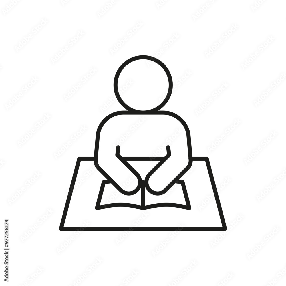 Schoolchild study in school, line icon. Education on lesson sign. Student is sitting at desk with book. Vector illustration Schoolchild study in school, line icon. Education on lesson sign. Student is sitting at desk with book. Vector illustration