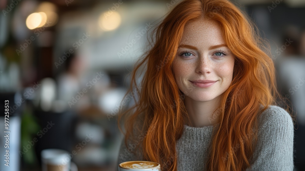 Redhead woman enjoying coffee in a cozy café setting Redhead woman enjoying coffee in a cozy café setting
