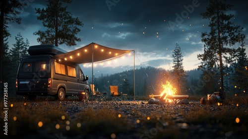 A camper van parked at a campsite with a canopy set up and chairs around a campfire.