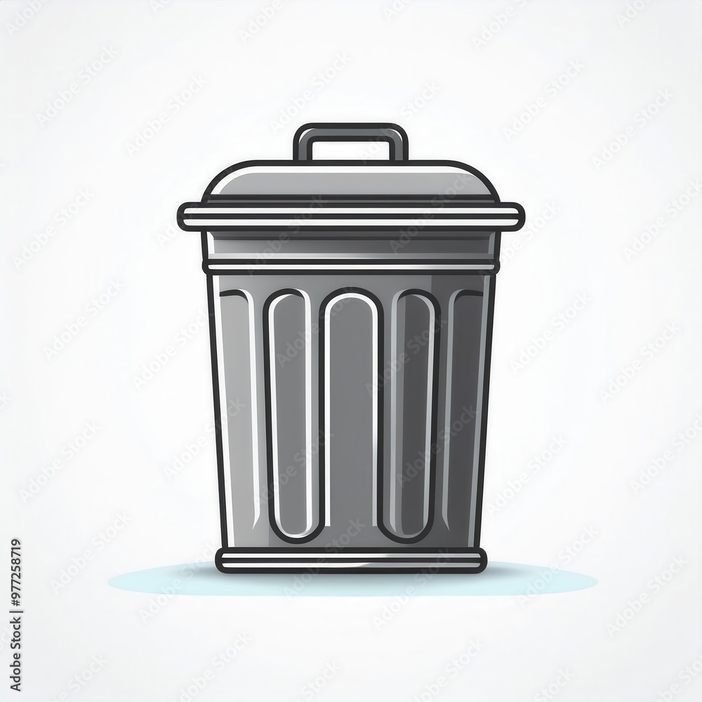 Minimalist Cartoon Style Metal Trash Can Icon with Handle, Featuring Soft Gray Tones and Shadows, Isolated on White Background for Recycling, Waste Management, or Environmental Awareness Concepts Minimalist Cartoon Style Metal Trash Can Icon with Handle, Featuring Soft Gray Tones and Shadows, Isolated on White Background for Recycling, Waste Management, or Environmental Awareness Concepts