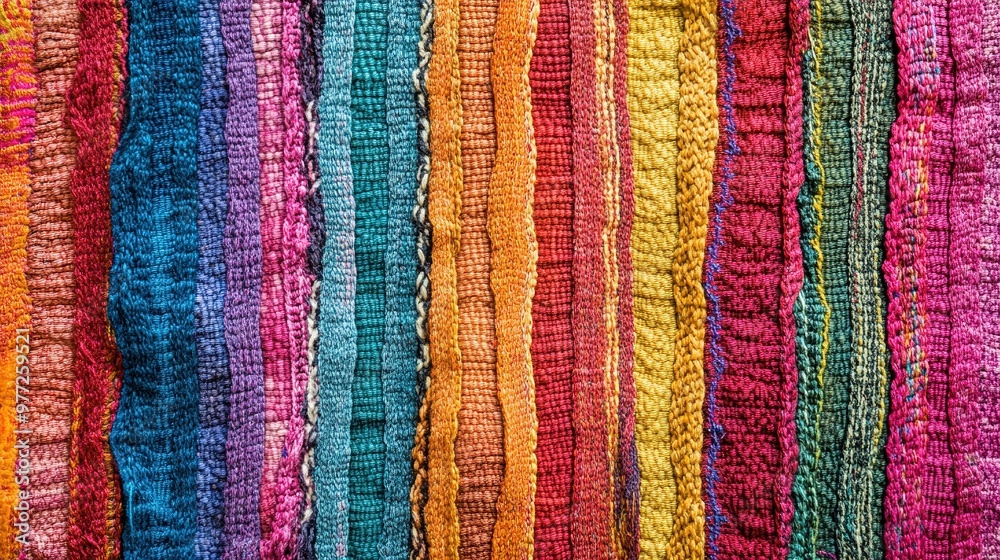Obraz premium A high-resolution image of a handmade textile texture, featuring intricate, handwoven patterns in vibrant colors, ideal for adding a touch of artisanal craftsmanship to any design.