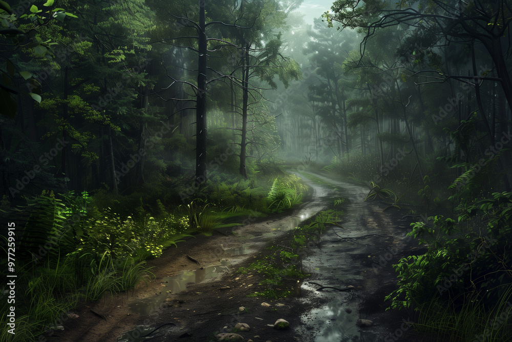 Winding road through a dense forest with sunlight filtering through the trees, no cars, morning fog, high contrast, and realistic lighting Winding road through a dense forest with sunlight filtering through the trees, no cars, morning fog, high contrast, and realistic lighting
