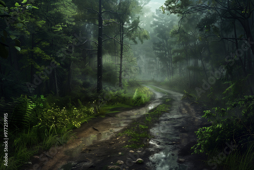 Winding road through a dense forest with sunlight filtering through the trees, no cars, morning fog, high contrast, and realistic lighting