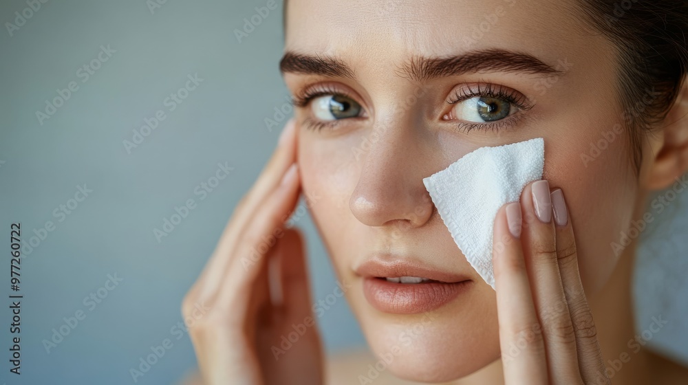 Woman removing her makeup using a makeup removal wipe. Woman removing her makeup using a makeup removal wipe.