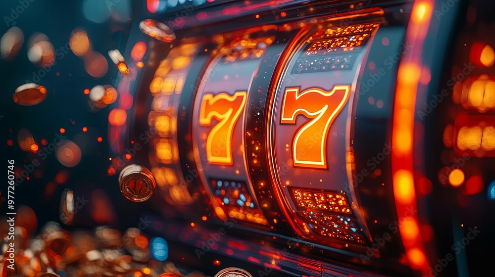 Illuminated Slot Machine with Lucky 777 Jackpot and Falling Coins Illuminated Slot Machine with Lucky 777 Jackpot and Falling Coins