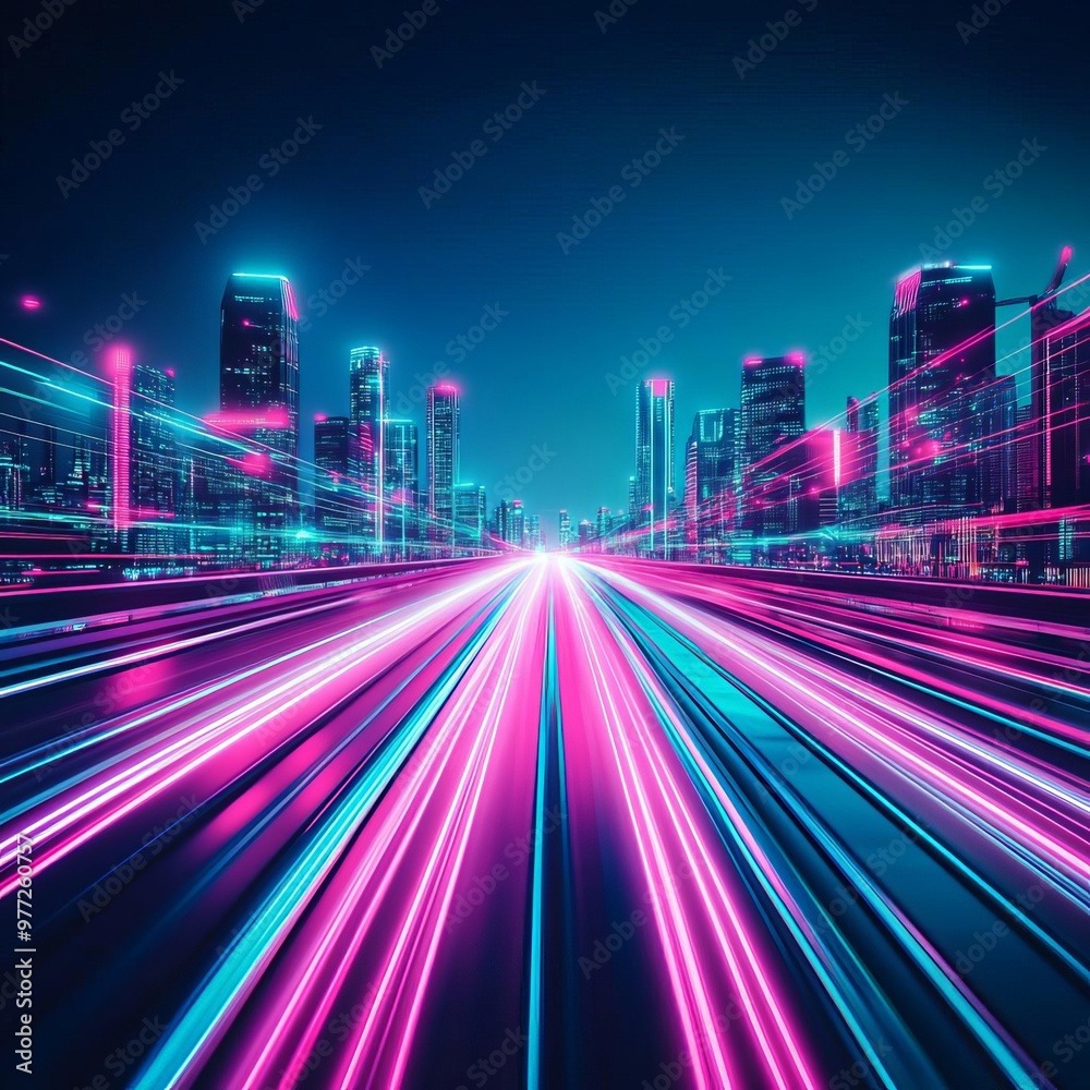 AI-powered urban ecosystems, smart infrastructure, digital data flow, neon visuals