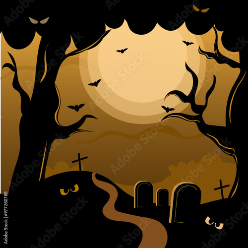 A haunted tree with cemetery in scene halloween  stands ominously under the full moon