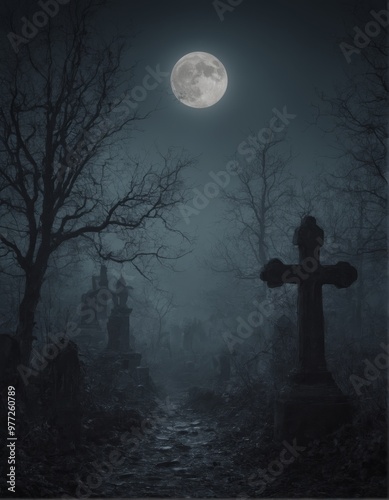  A haunting cemetery under a full moon, shrouded in fog and eerie shadows. Bare, twisted trees and weathered tombstones create an ominous, mysterious atmosphere, perfect for dark, gothic themes.