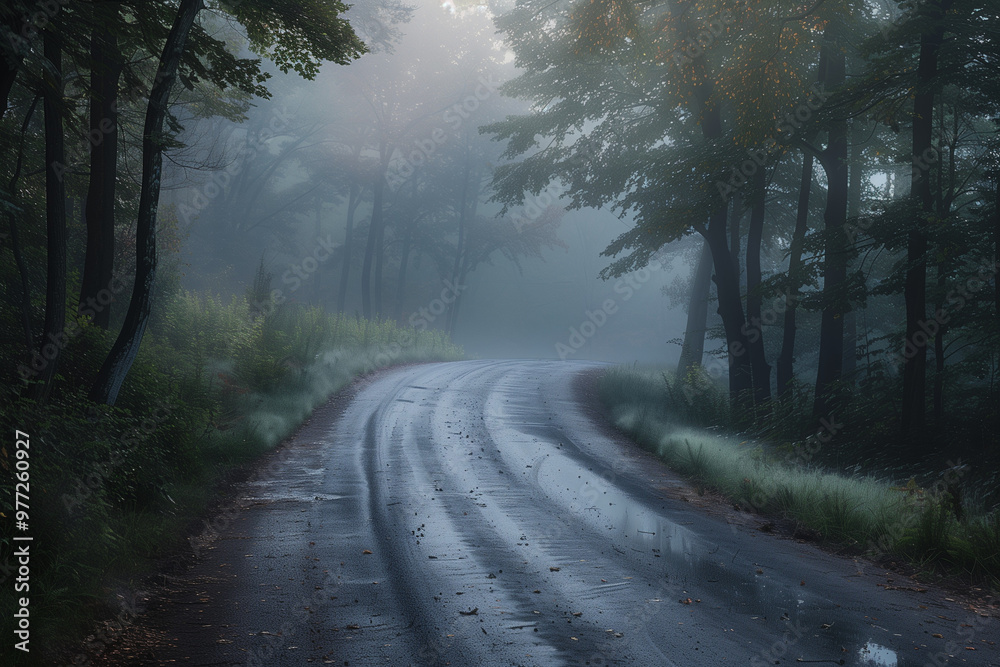 A rural road in a misty forest at dawn, with thick fog, blurred background, damp ground, and trees fading into the mist, photorealistic scene A rural road in a misty forest at dawn, with thick fog, blurred background, damp ground, and trees fading into the mist, photorealistic scene