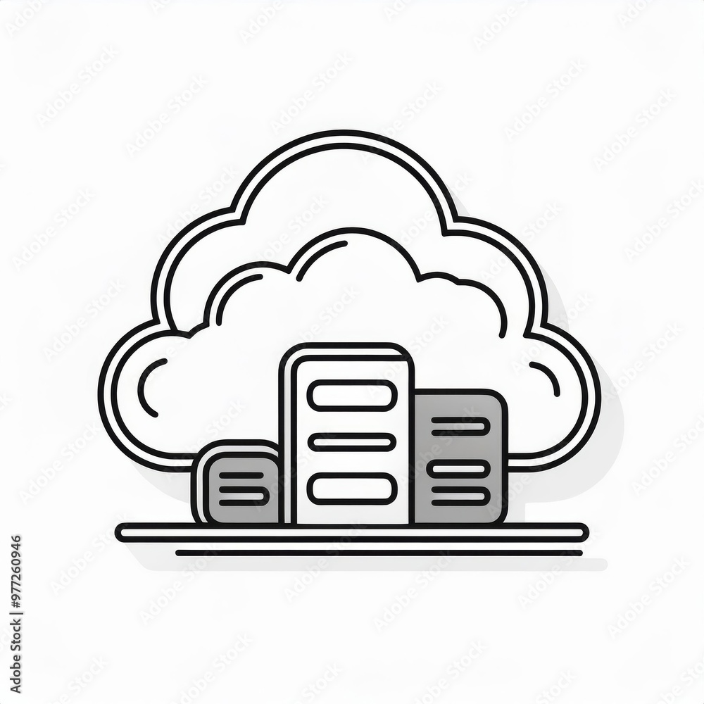 Minimalist Cloud Computing Icon with Server Rack Depiction. Simplified Digital Storage and Data Management Concept in Monochrome Line Art Style. Vector Logo Icon on White Background Minimalist Cloud Computing Icon with Server Rack Depiction. Simplified Digital Storage and Data Management Concept in Monochrome Line Art Style. Vector Logo Icon on White Background