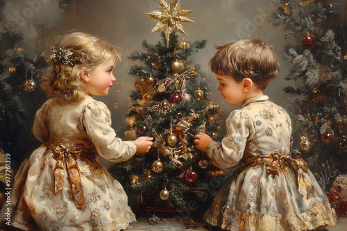 Christmas and New Year's card. Children at the Christmas tree. Holiday Christmas illustration in the style of a painting picture. 19th century style. Postcard. Ai generative.