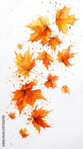 Watercolor Maple Leaves in Autumn Breeze on White Background