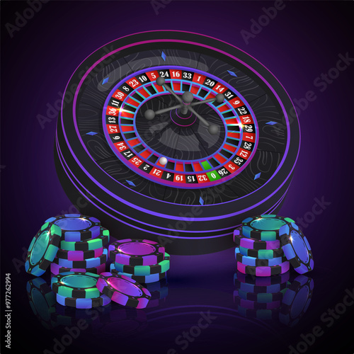 Stack of green, blue, purple poker chips, tokens with black neon casino roulette wheel on dark background with reflection. Vector illustration for casino, game design, advertising