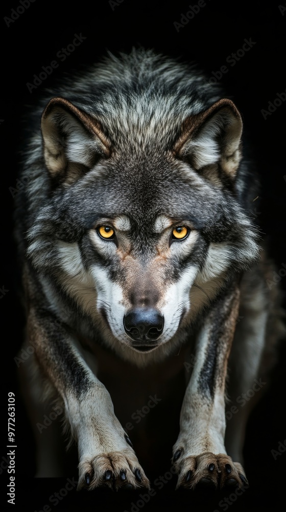Fototapeta premium Grey wolf with intense yellow eyes staring on black background