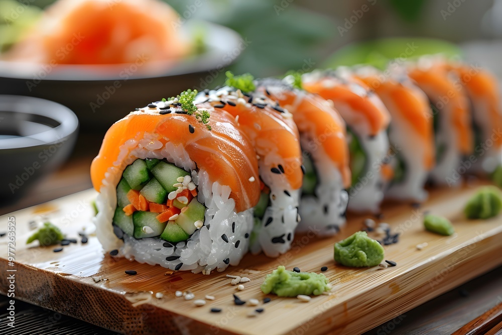 Fresh Salmon Sushi Rolls on Bamboo Platter - Perfect for Culinary, Food Photography, and Japanese Cuisine Themes Fresh Salmon Sushi Rolls on Bamboo Platter - Perfect for Culinary, Food Photography, and Japanese Cuisine Themes
