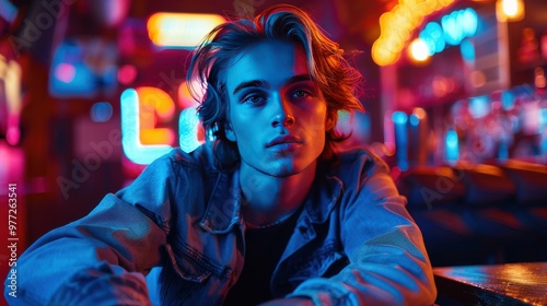 Young man in denim jacket enjoying neon-lit cafe vibes